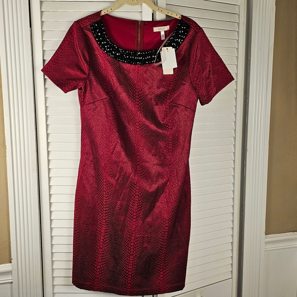 NWT Halo Womens Red Black Embellished Snakeskin Print‎ Shift Dress Small